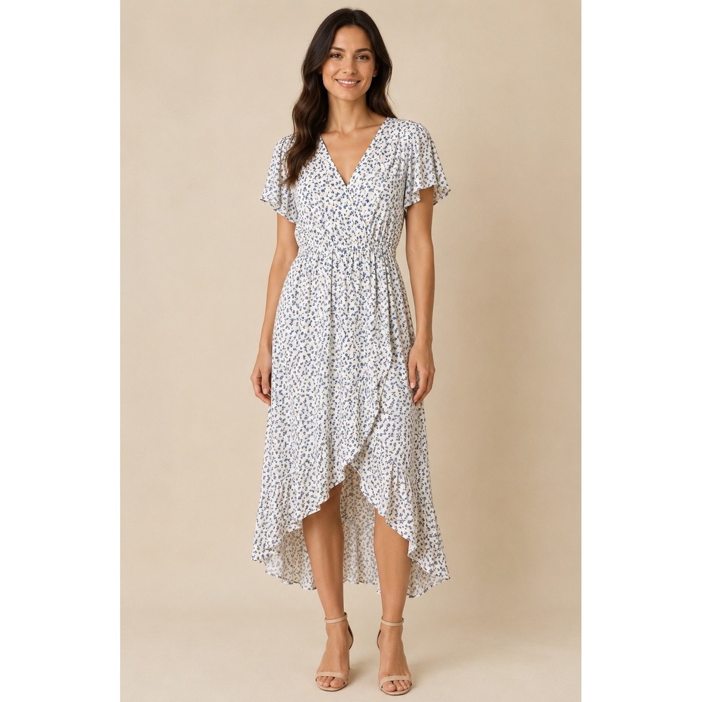 Sienna Sky Floral High-Low Wrap Dress White Blue Flutter Sleeve Large